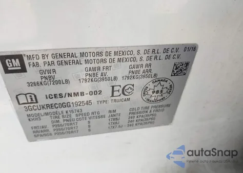 2016 Chevrolet Silverado 1500 1Lt/2Lt from USA, damaged, VIN 3GCUKREC0GG192545